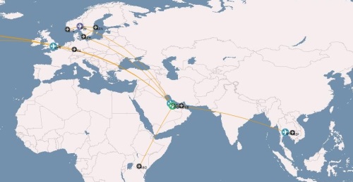 My Europe, Asia, and Africa routes courtesy of OpenFlights.org